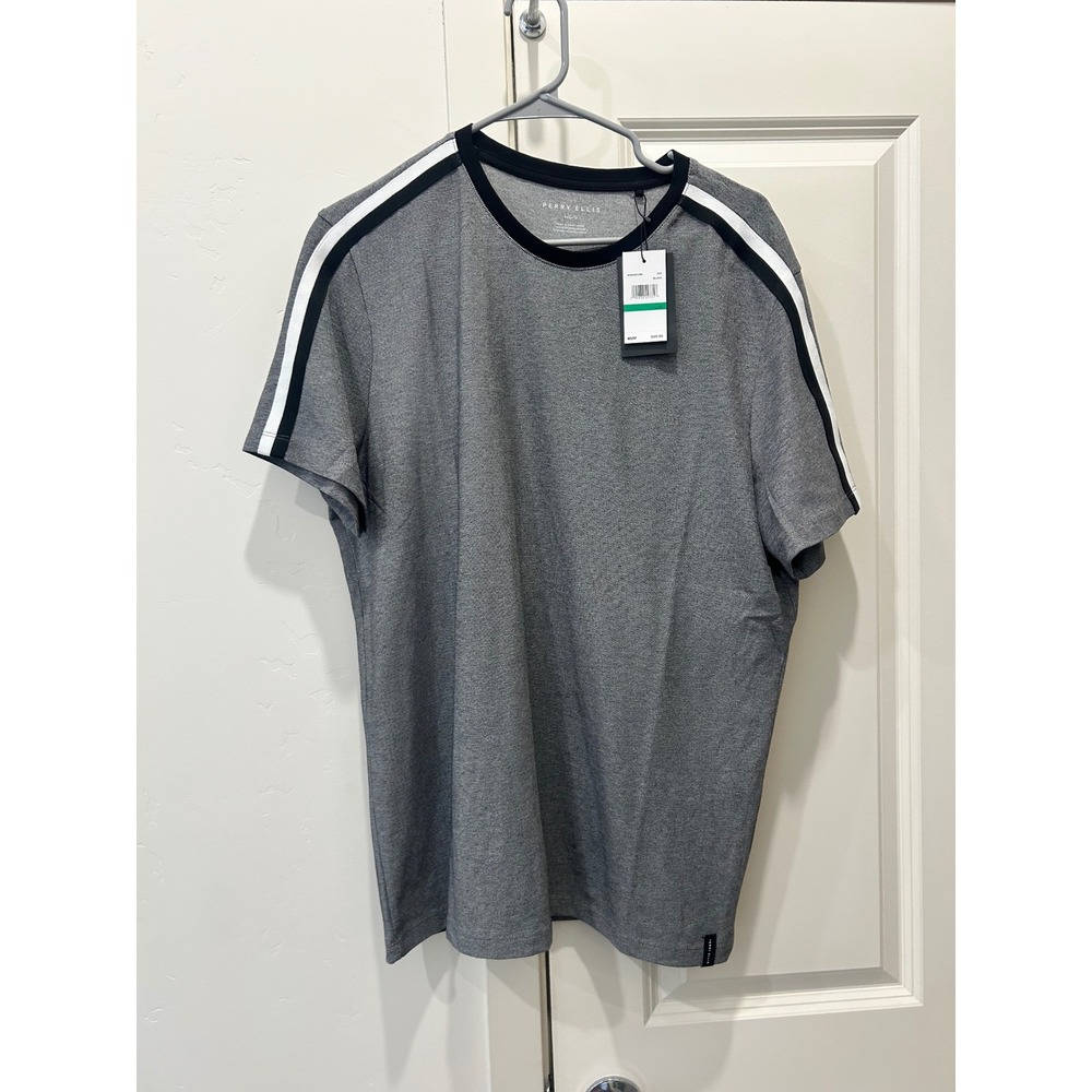 NWT- Perry Ellis large  Men's T-Shirt Crew Neck Short Sleeve Gray Stripe